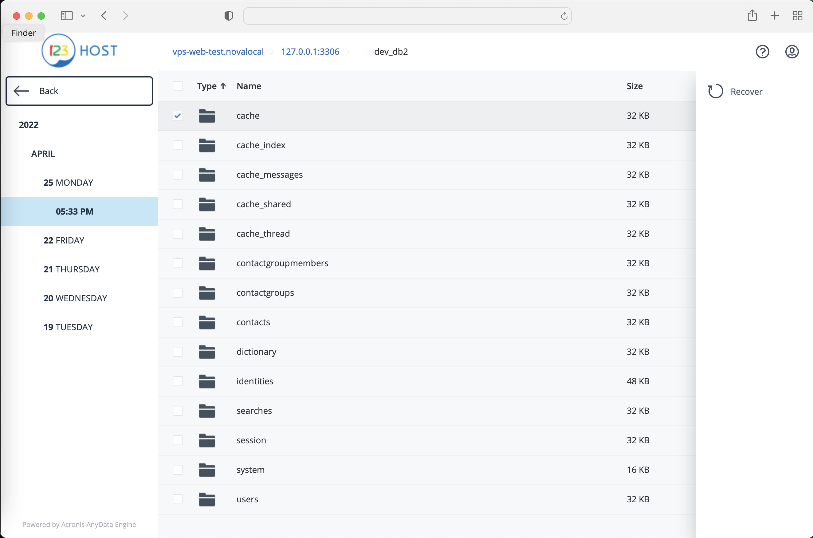 Backup service user dashboard