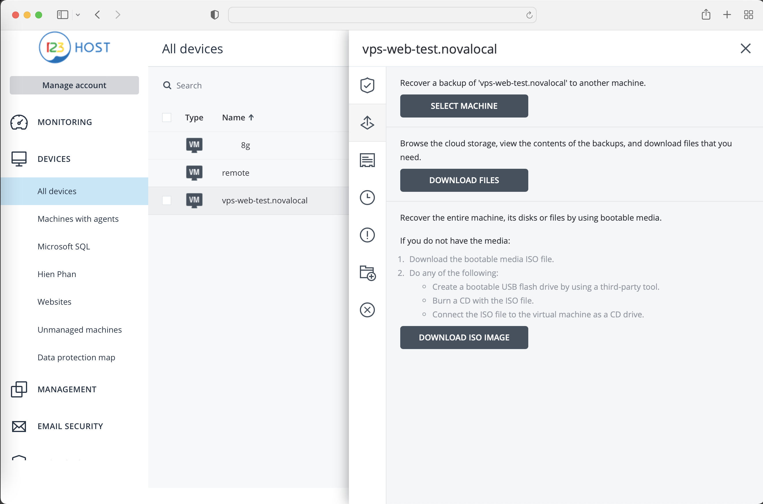 Backup service user dashboard