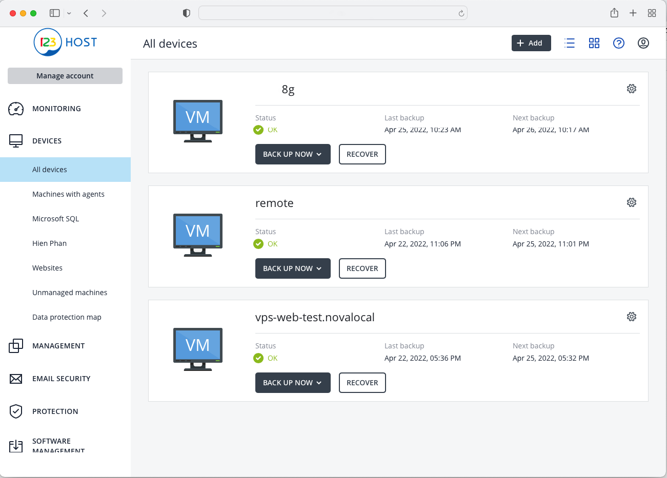 Backup service user dashboard