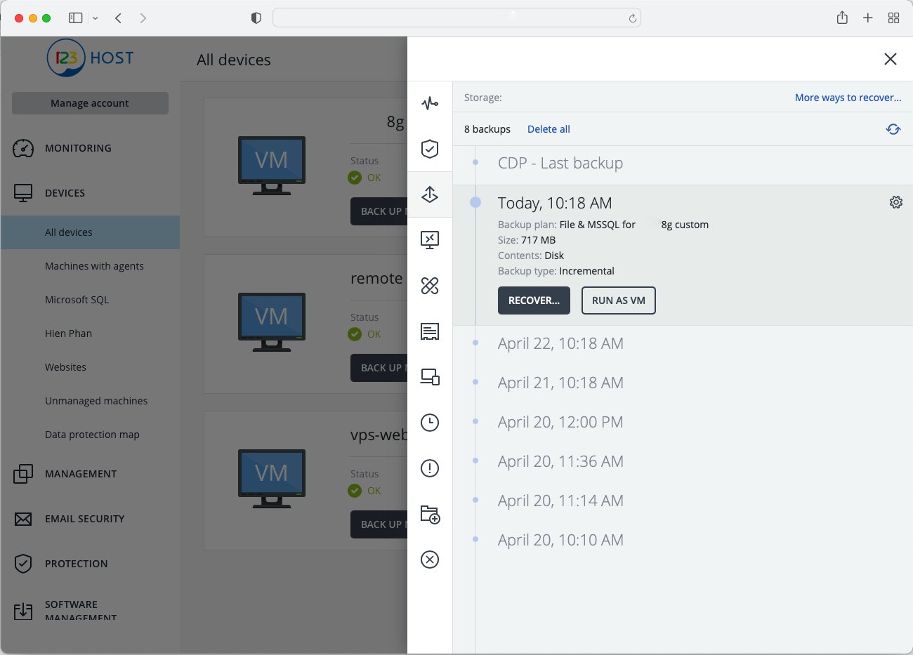 Backup service user dashboard