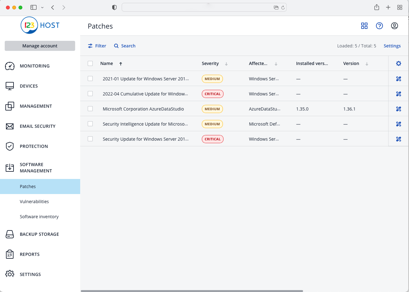 Backup service user dashboard