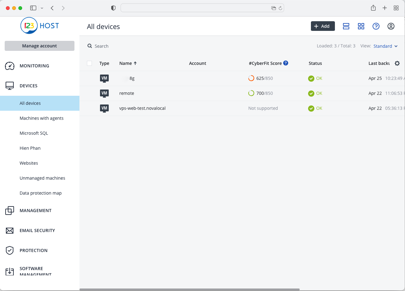 Backup service user dashboard