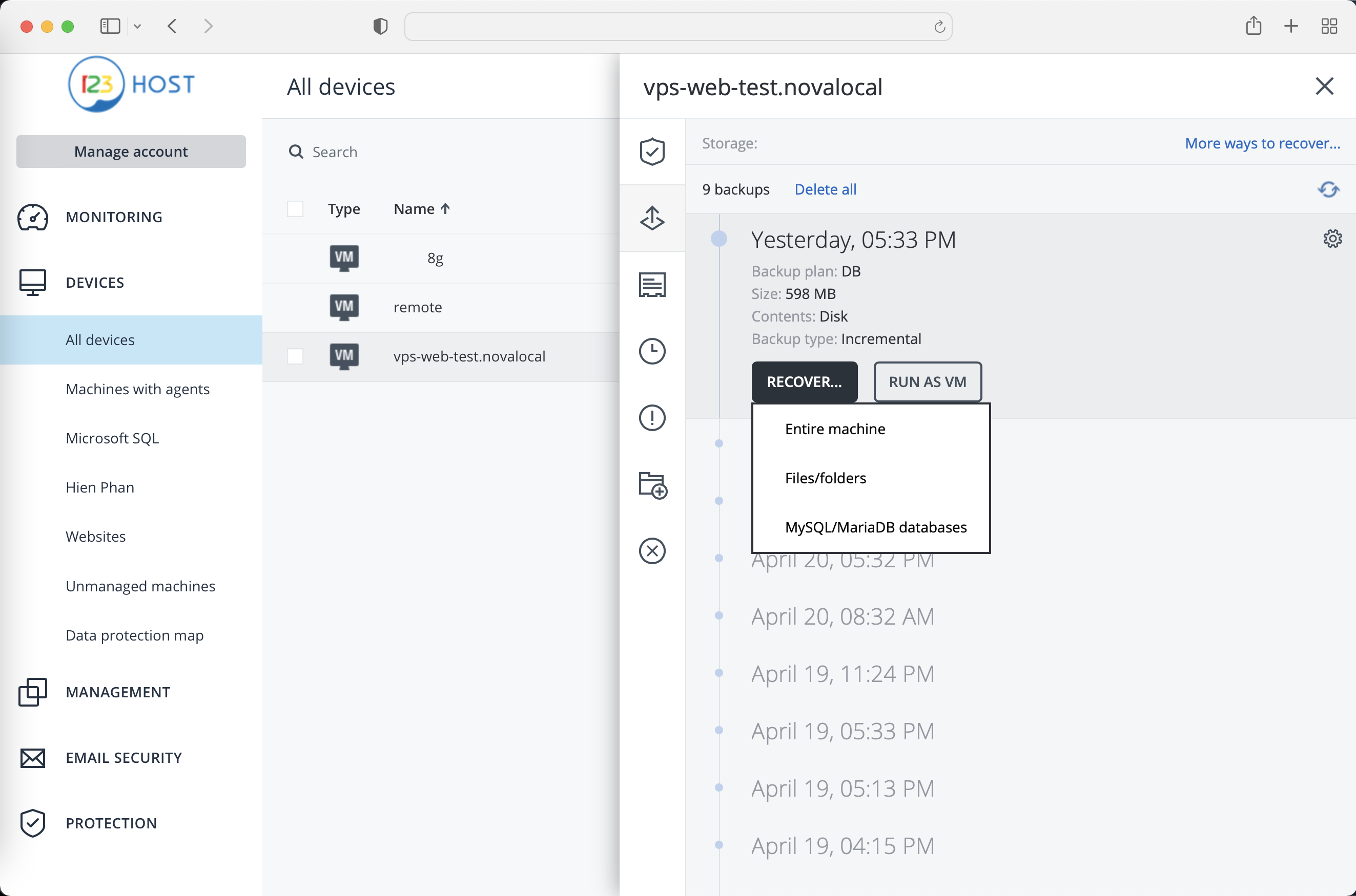 Backup service user dashboard