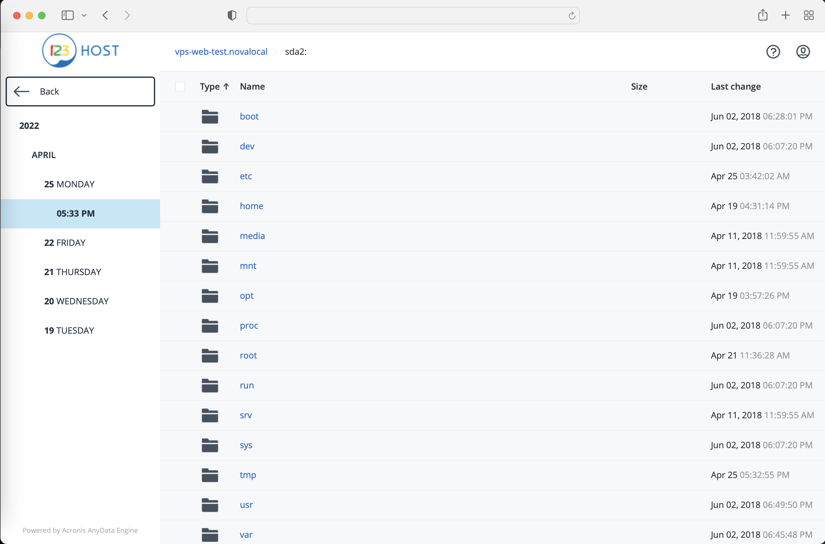 Backup service user dashboard